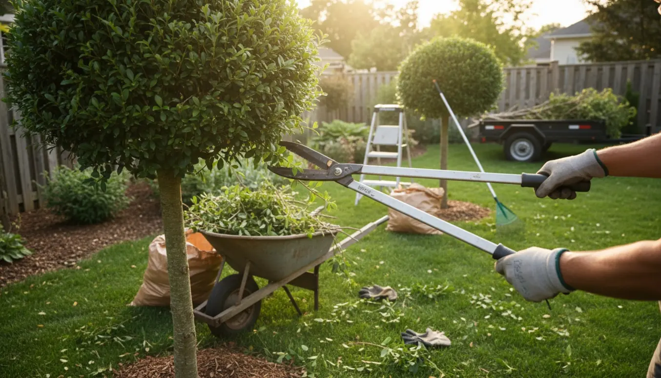 Gartner beskærer runde træer i en have med afklippede grene i en trillebør.