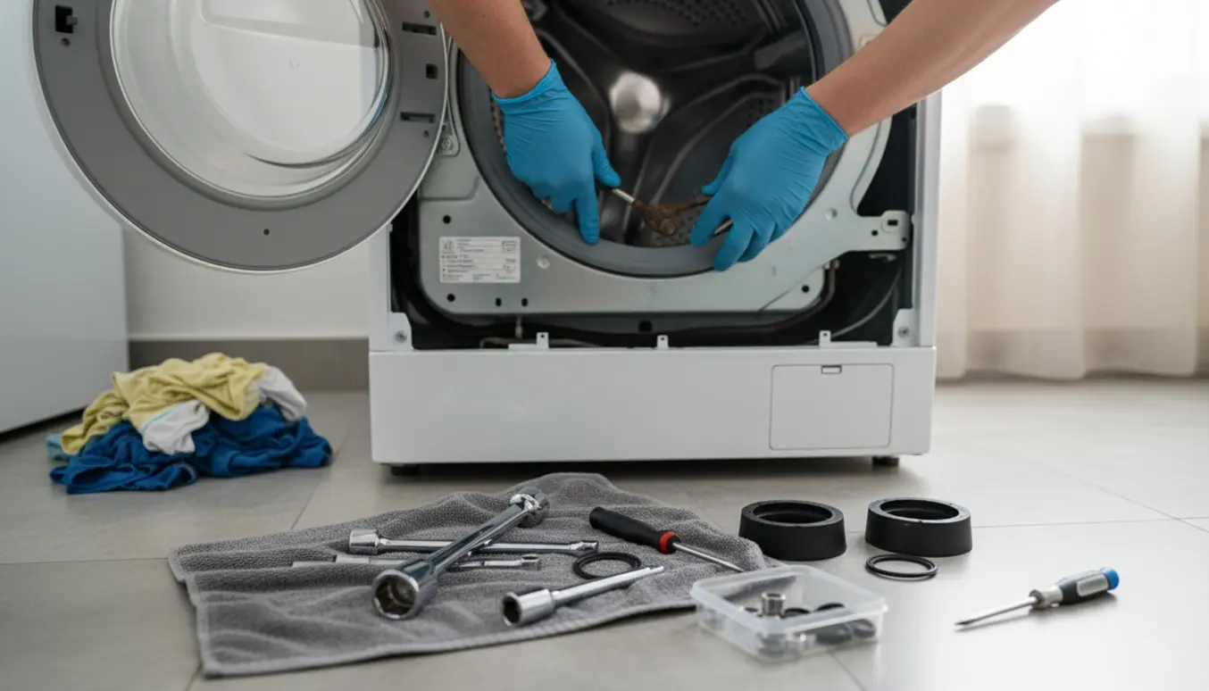 Åben frontbetjent vaskemaskine med tromlen delvist fjernet og handsker og værktøj klar til reparation.