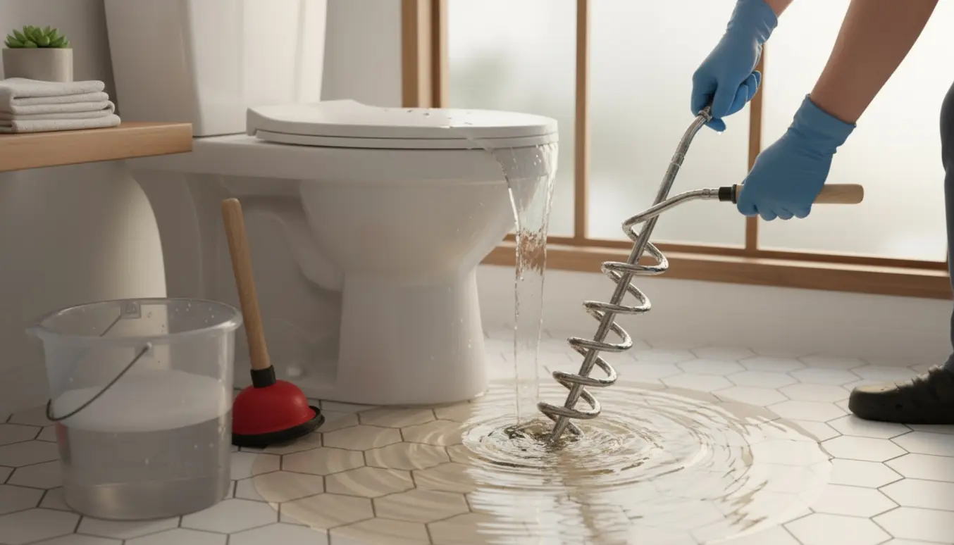 Handskenet hånd fører en afløbsslange ned i et helt stoppet toilet med svupper og spand ved siden af i et lyst badeværelse.