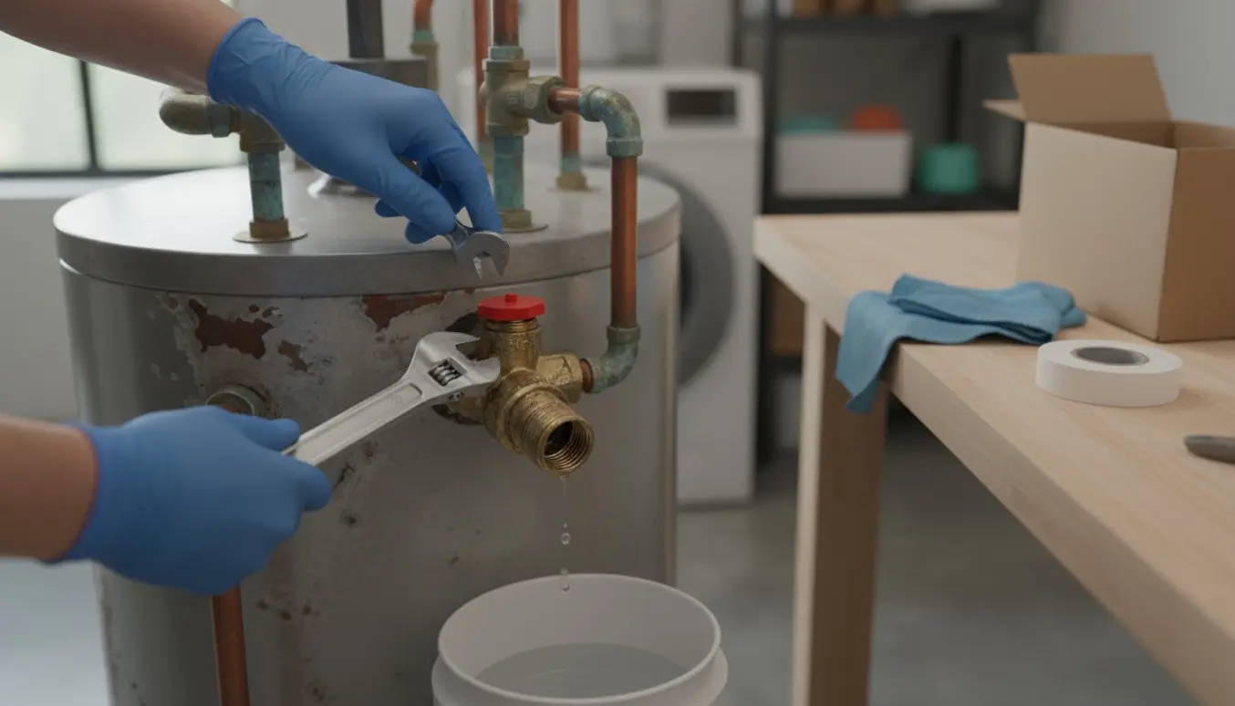 Hænder udskifter en 3/4 tommer sikkerhedsventil på en vandbeholder i bryggerset.