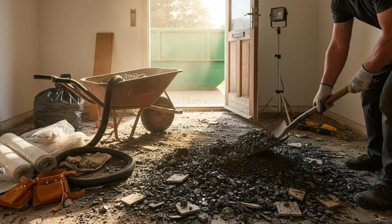 Håndværker fjerner slagger og byggeaffald under køkkengulvet i et mindre hus med værktøj og skraldevogn i dagslys.