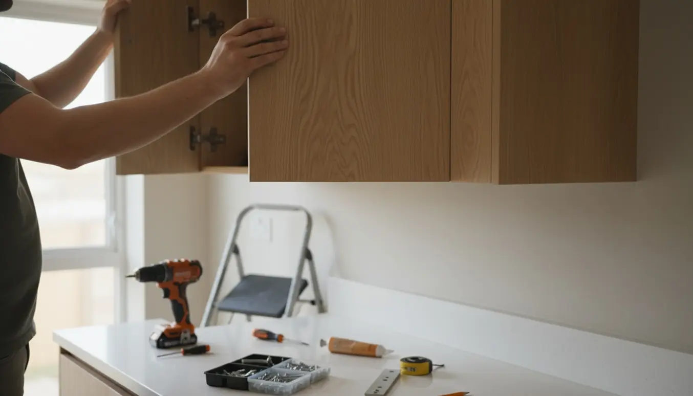 Hænder på en stige monterer en høj indbygget skabslåge med tre hængsler og værktøj på bordet.