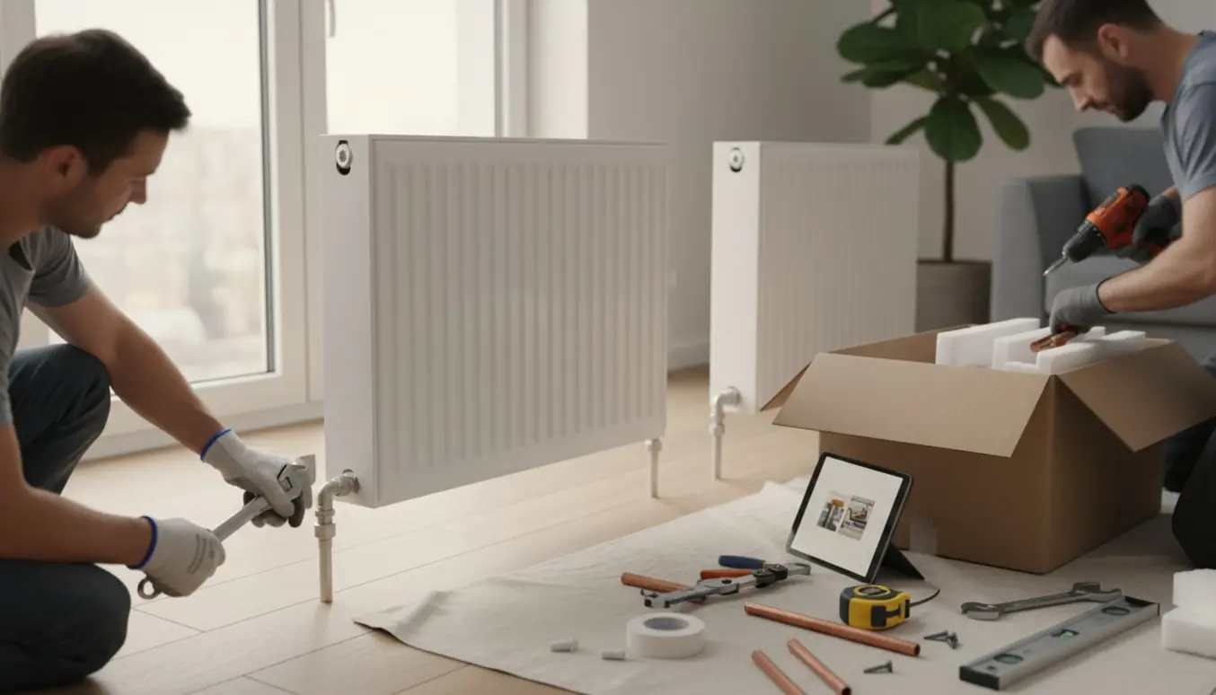 To hvide radiatorer monteres på en væg, en hånd strammer ventilforbindelsen mens værktøj og emballage ligger ved siden af.