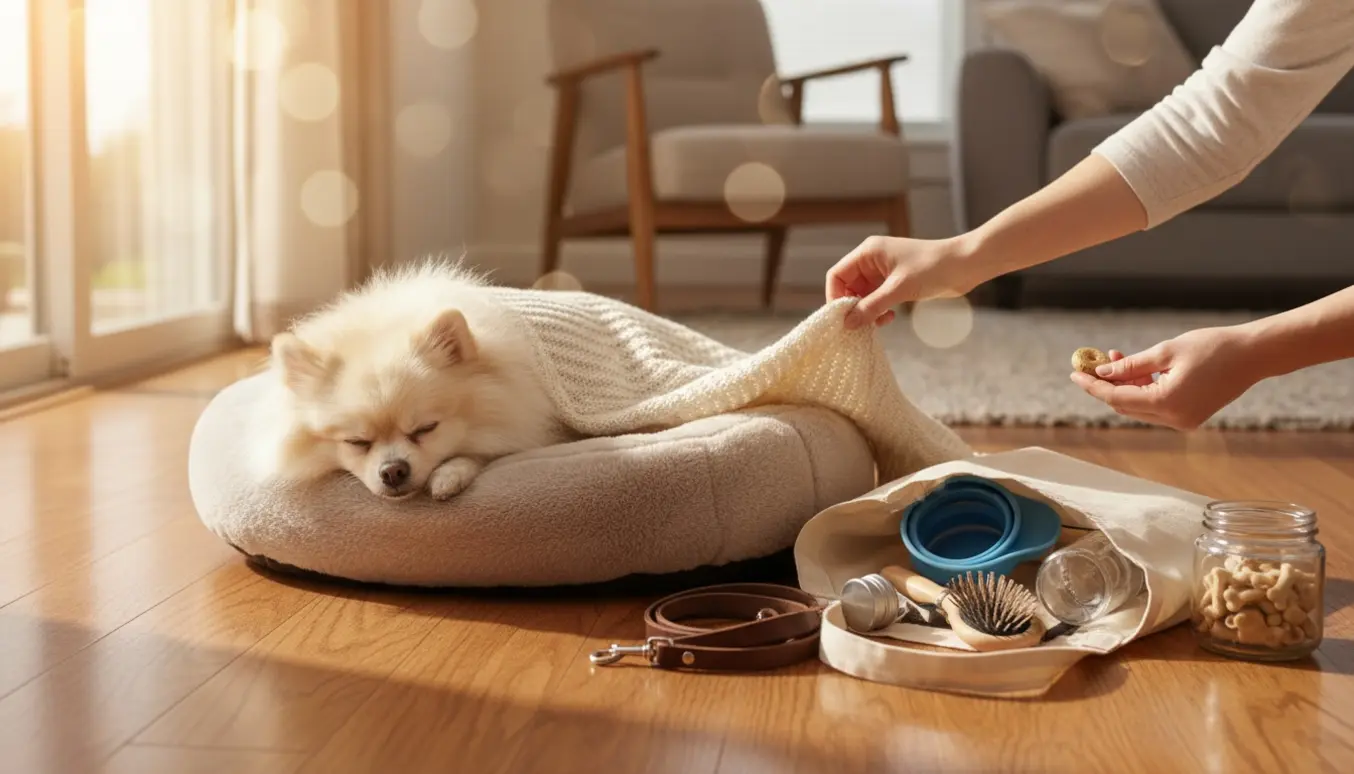 Lille Pomeranian ligger trygt på en blød pude i et solbeskinnet hjem omgivet af pasningsudstyr.