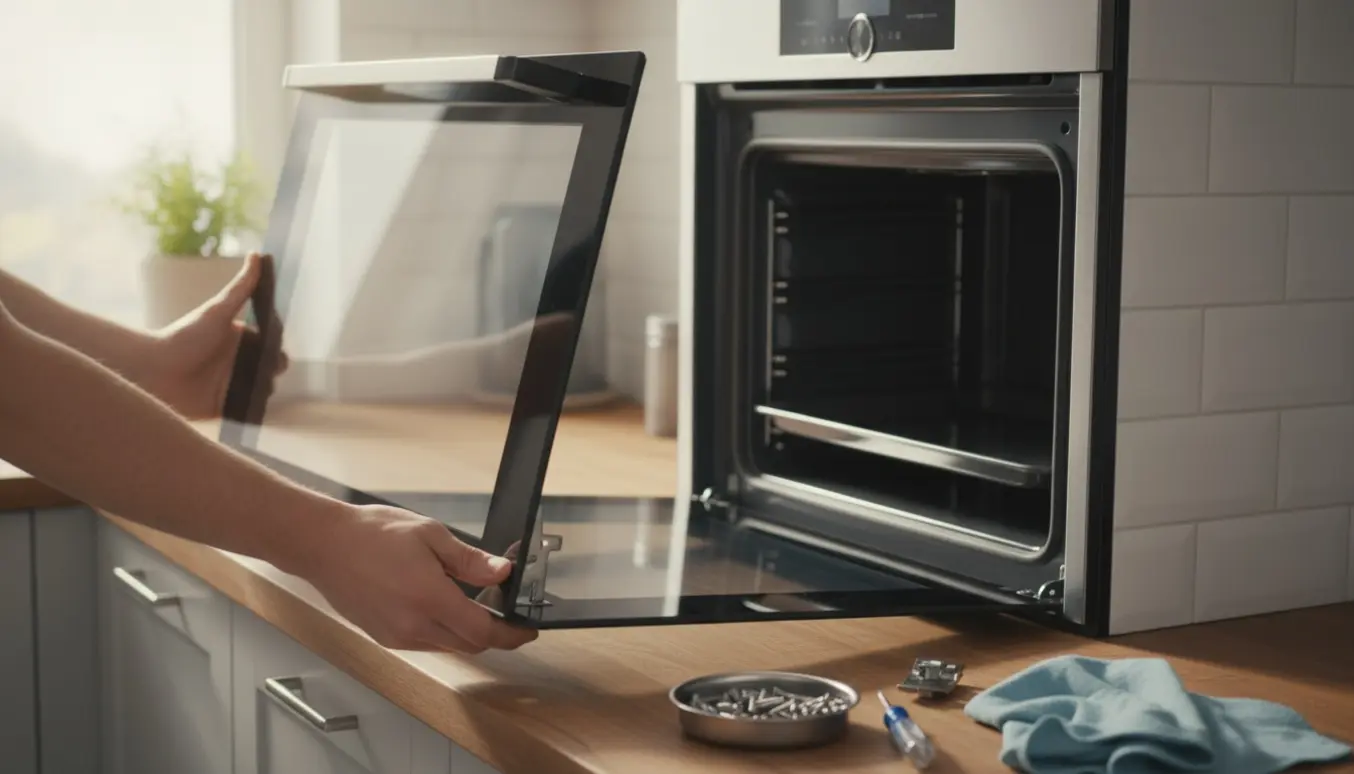 Hænder genmonterer en rengjort ovnlåge på en moderne indbygget ovn med værktøj og reservedele på køkkenbordet.