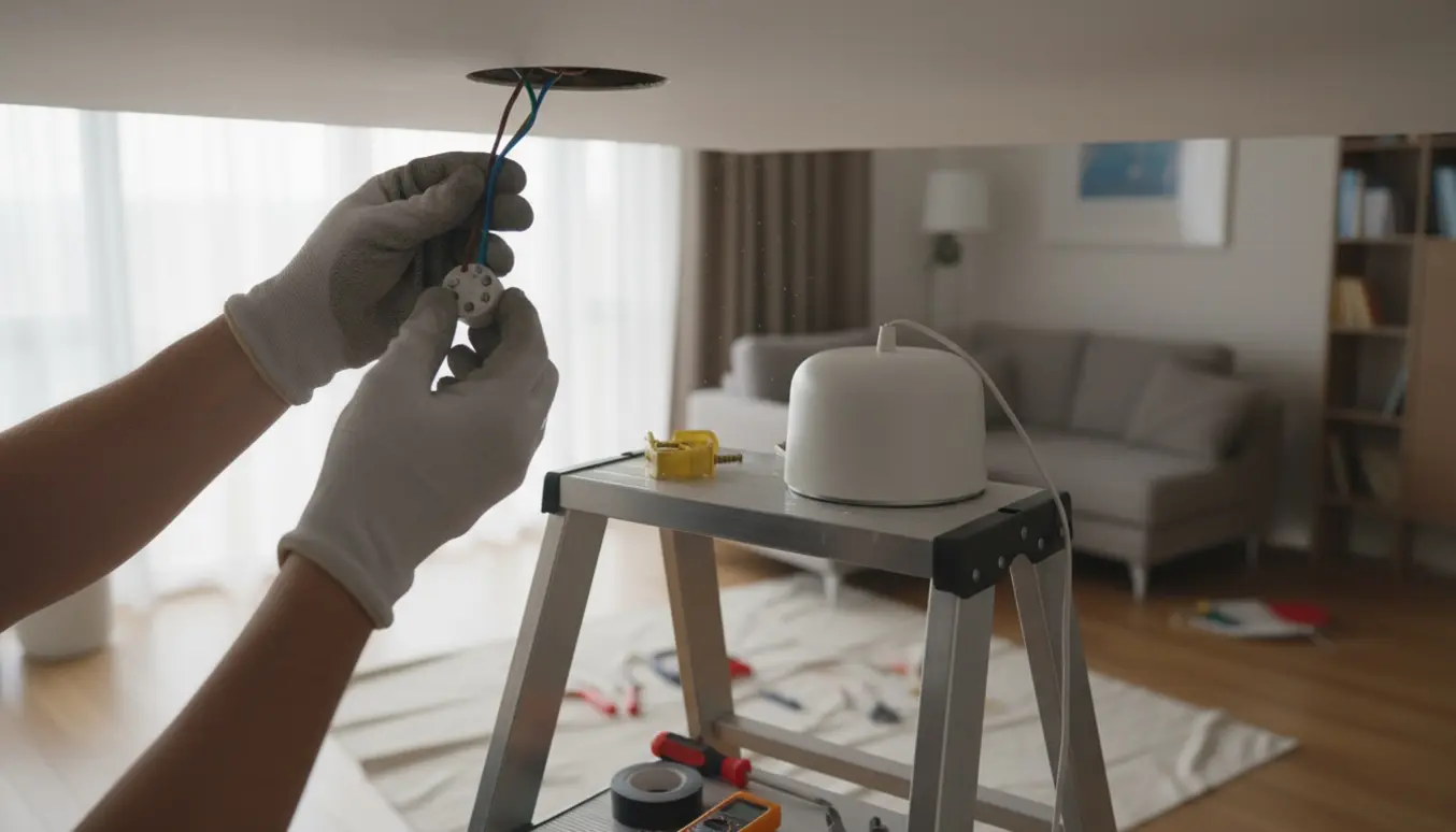 Hænder på en trappestige skifter et lampeudtag i loftet med værktøj og en ny lampe klar til montering.