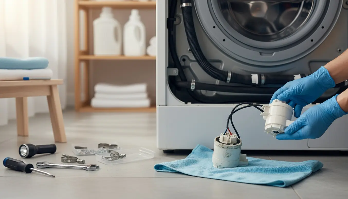 Hænder skifter en afløbspumpe i en åben vaskemaskine med værktøj og reservedele ved siden af.