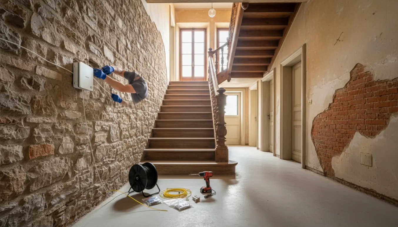 Hænder fører et internetkabel fra en fiberboks i kælderen op gennem en gammel villa mod stuen og 1. sal.