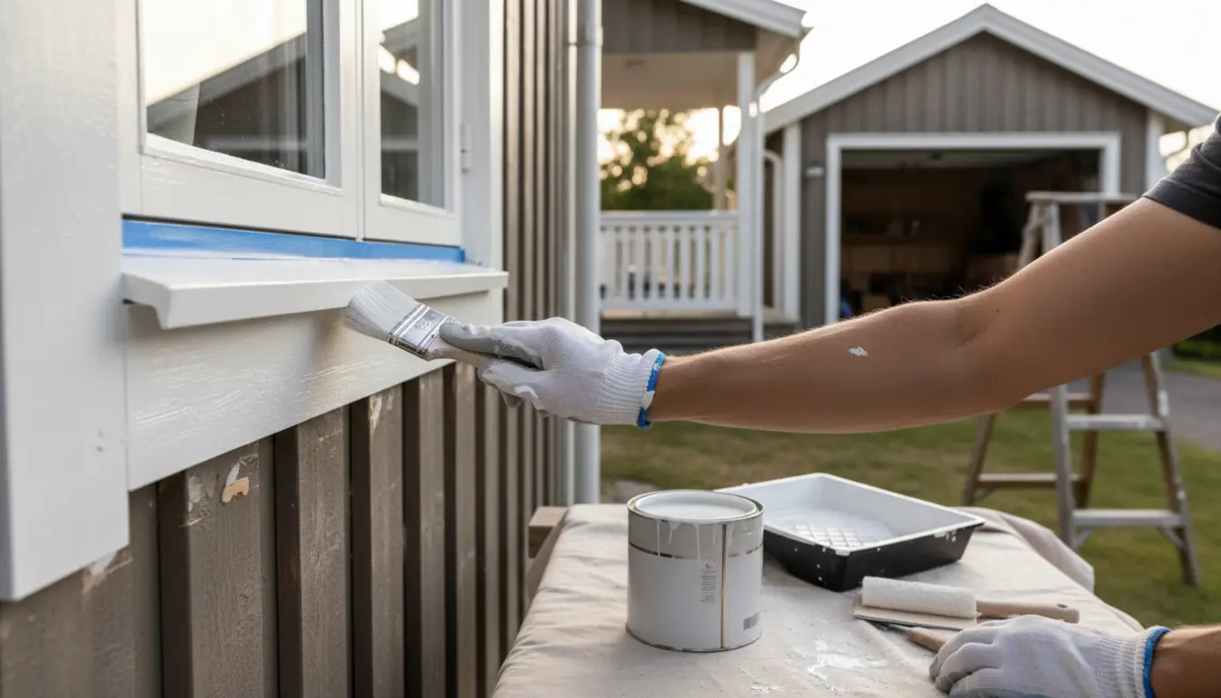 Hænder maler hvide vindskeder, vinduesrammer og gelændere på et sommerhus og garage i varmt eftermiddagslys.