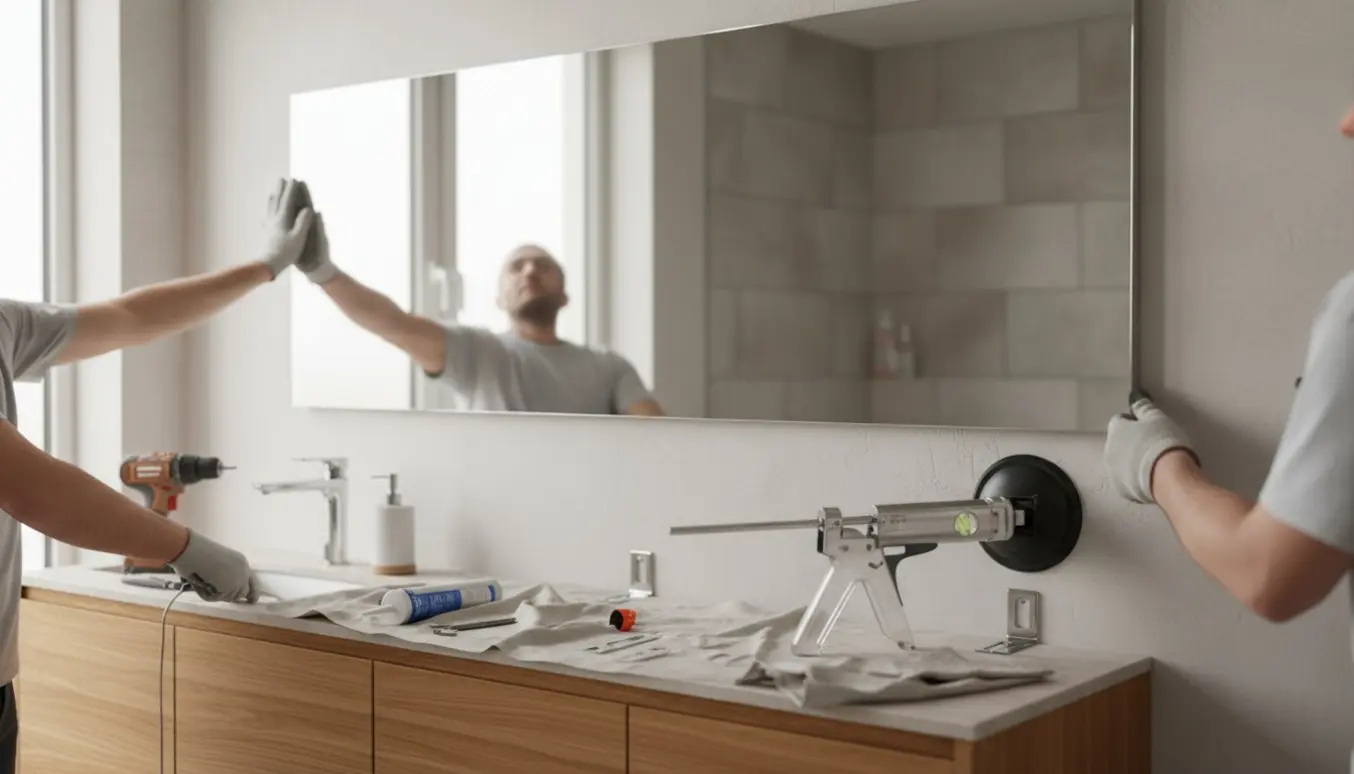 Montage af stort spejl på en spartlet og malet væg over et baderumsmøbel, med værktøj og hænder i arbejde.