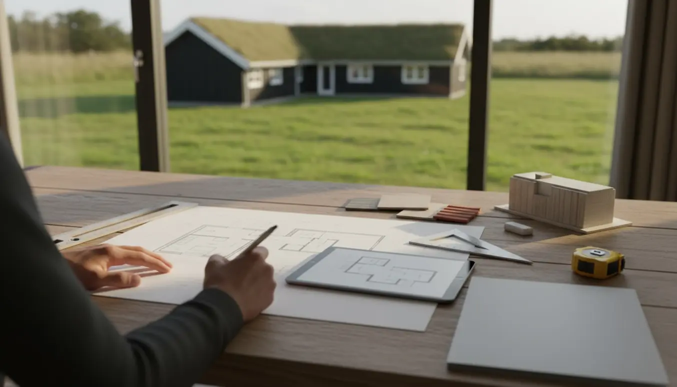 Hænder arbejder med byggeplaner for en tilbygning til et sommerhus med huset i baggrunden.