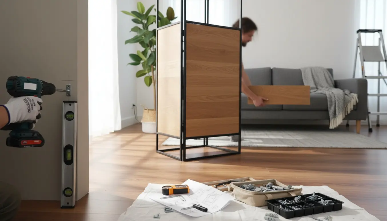 Nærbillede af hænder, der monterer en rumdeler og fastgør en væghængt reol i en lys stue med værktøj spredt på gulvet.