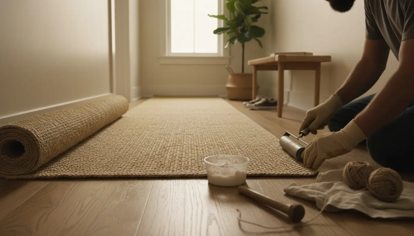 Montering af nyt strågulvtæppe i en smal gang, hænder glatter kanten ud med et rulleværktøj.