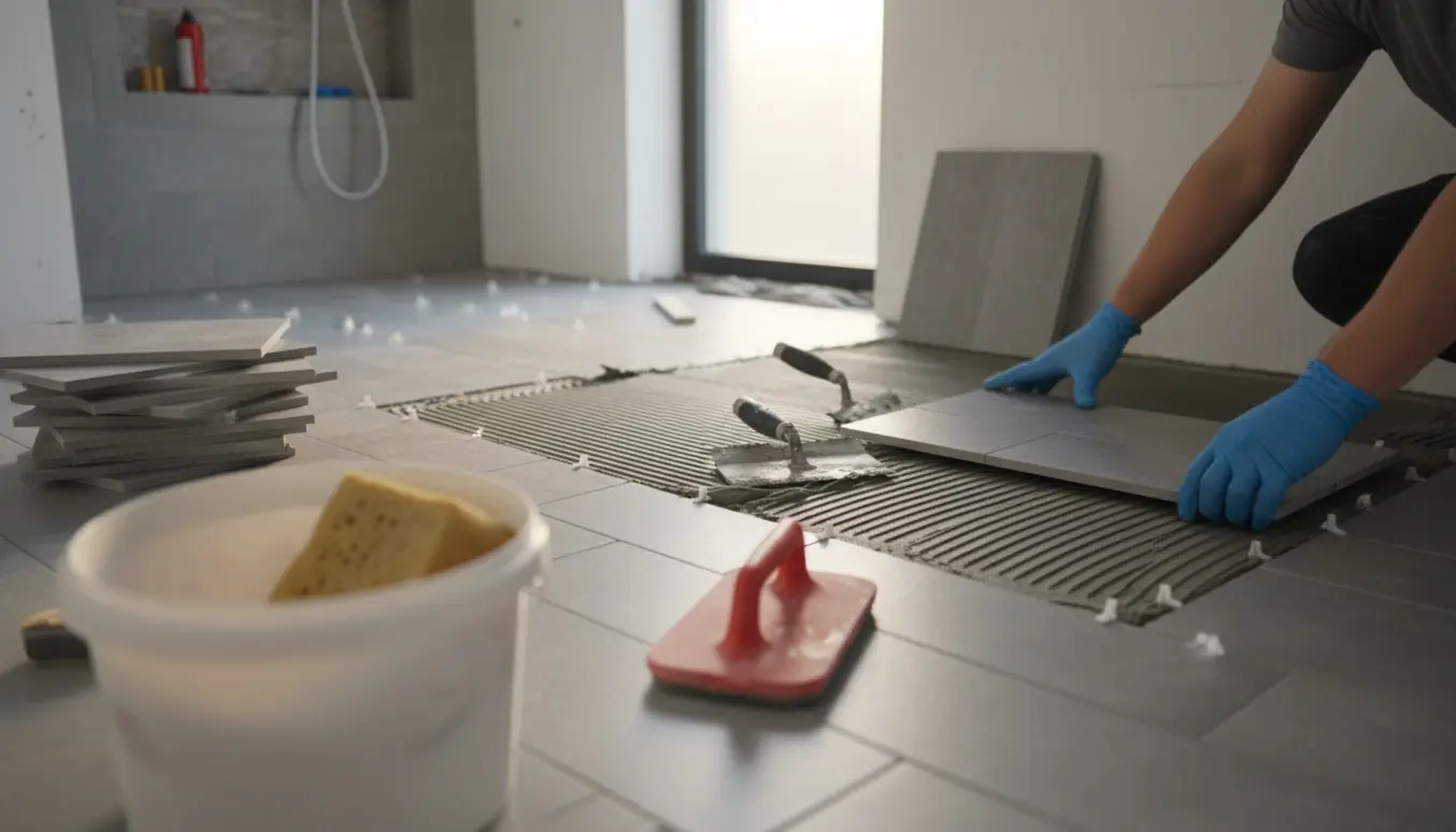 Delvist lagt klinkergulv og bruseniche i et moderne badeværelse med fliser og værktøj klar til fugearbejde.
