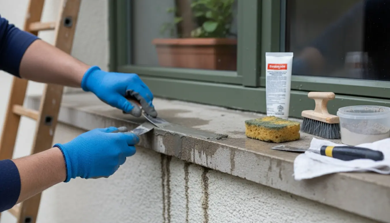 Nærbillede af udvendig revnet sålbænk, hvor hånd med handske på påfører fugemasse for at forsegle revnen efter regn.