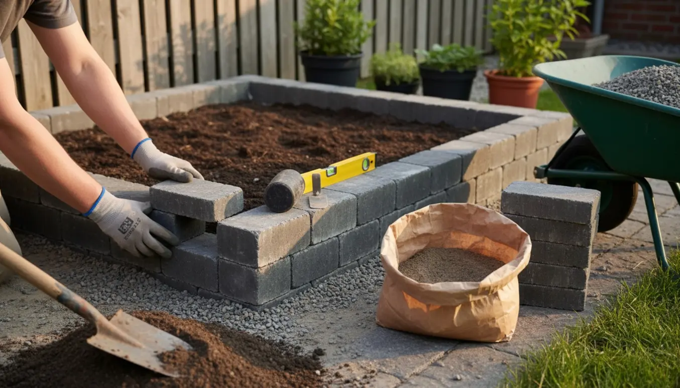 Nærbillede af hænder, der lægger rugbrødsfliser som kant til et højbeds i en solrig have.