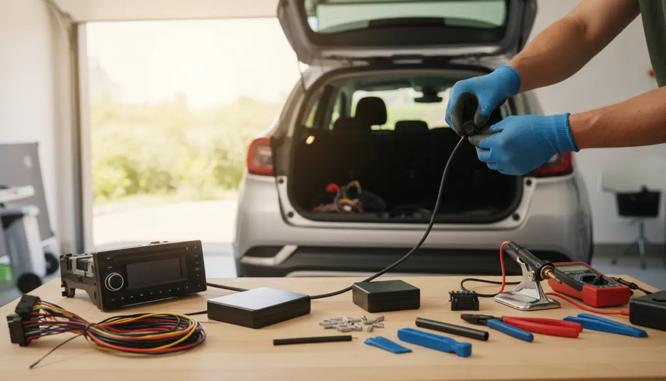 Hænder monterer et bakkamera i bagagerummet på en Renault SUV med værktøj og ledninger synlige.