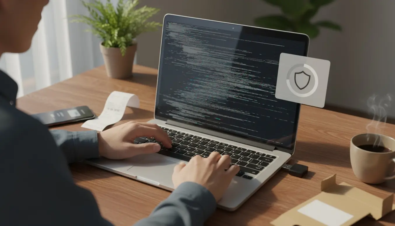 Hænder forsøger at installere antivirus på en bærbar med en glitchet skærm, USB-nøgle og kvittering på skrivebordet.