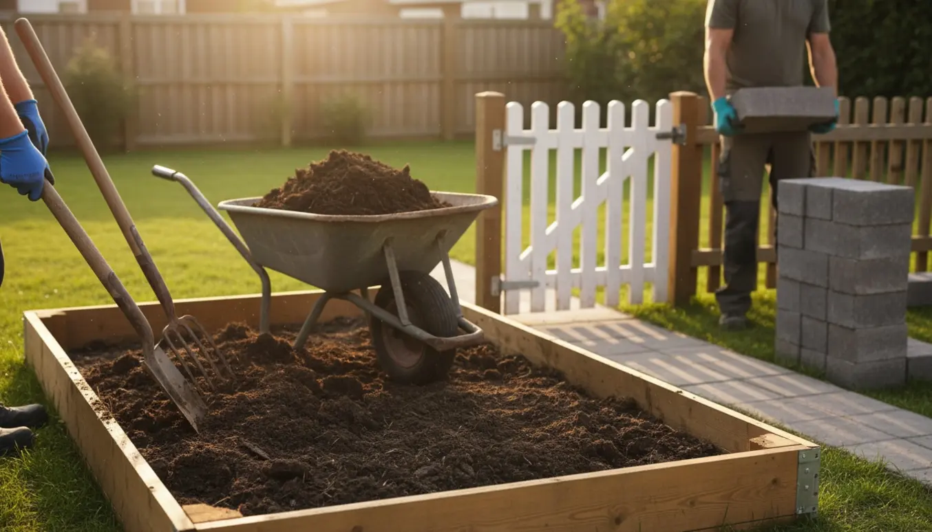 To personer fjerner jord fra et højbed og bærer kantsten ud af haven.