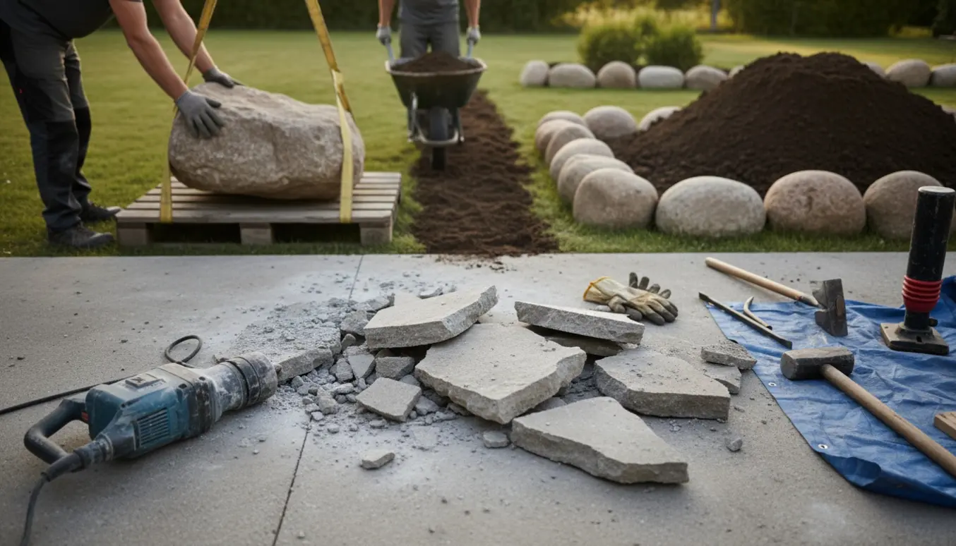Knivskarp foto af revet betondæk, store kampesten og trillebør med jord mellem bag- og forhave.