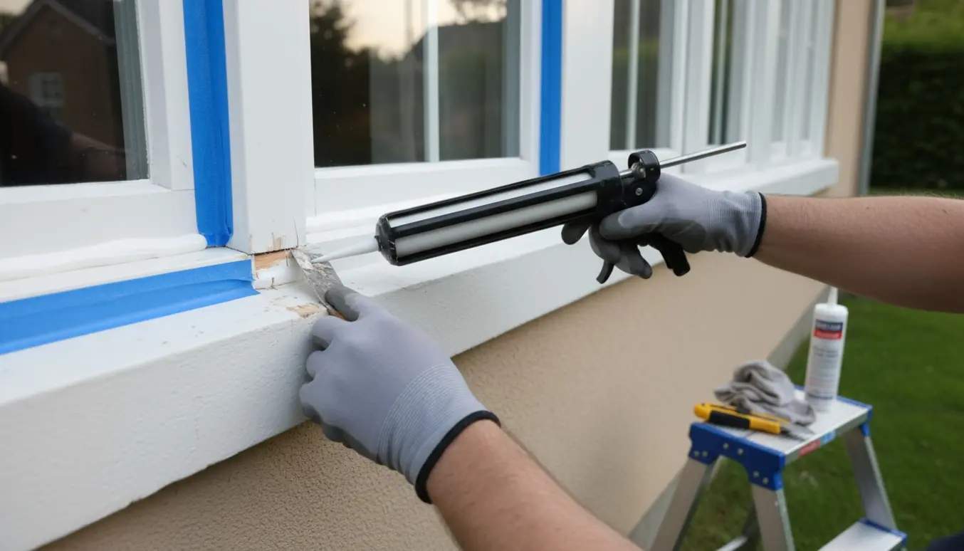 Nærbillede af udvendigt fugearbejde på et stueetagesvindue med fjernelse af gammel fuge og påføring af ny silikonfuge.