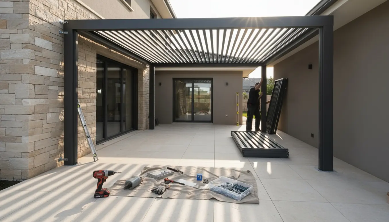 Delvist monteret lameltag over en flisebelagt terrasse med værktøj og to personer set uden ansigter.