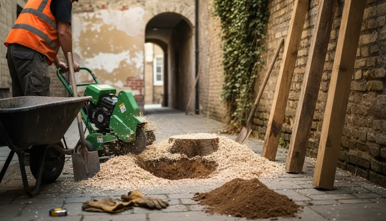 Fræsning af en træstub i en smal gårdhave med maskine, træstolper og jordtilfyldning.
