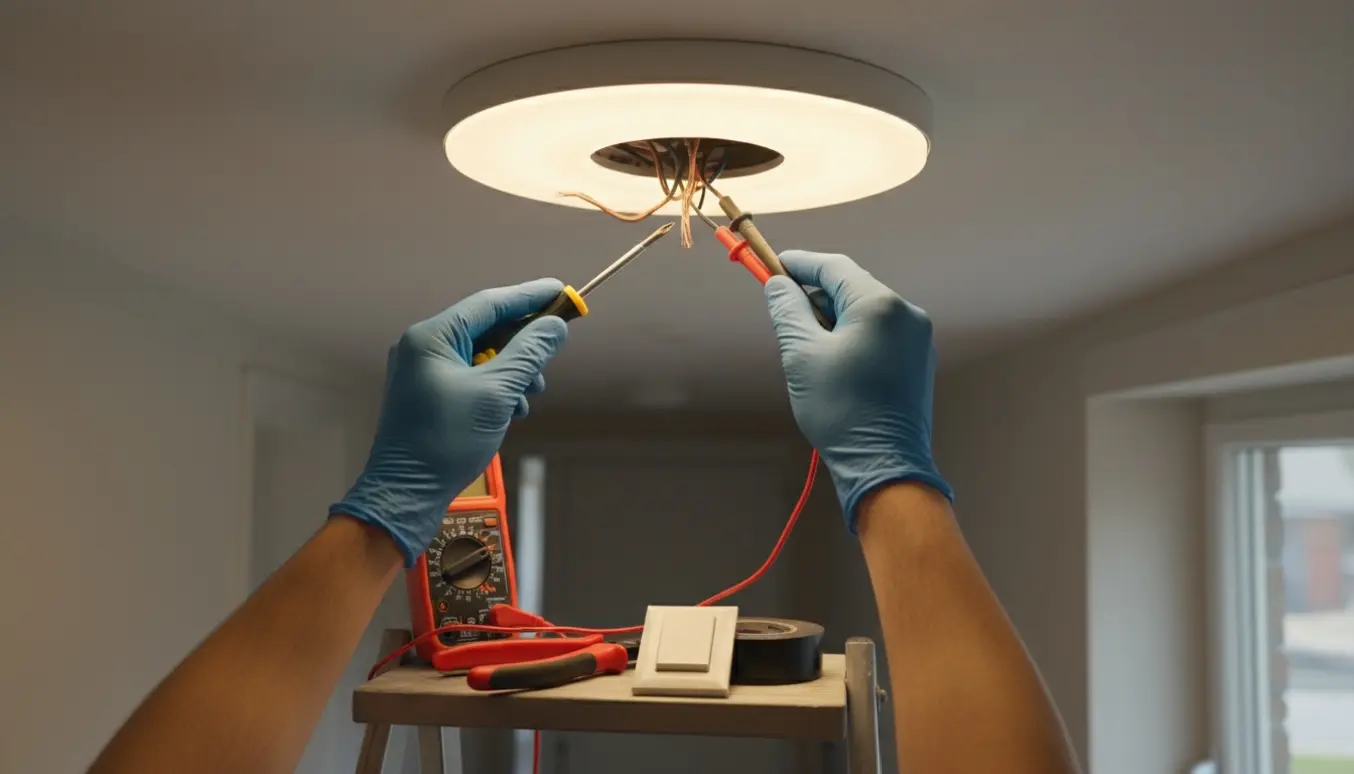 Nærbillede af en tændt LED-pære mens handskerede hænder tester eksponerede ledninger med skruetrækker og multimeter.