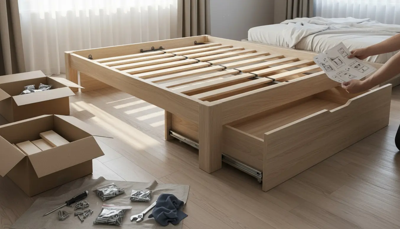 Nærbillede af en stor seng under samling med skuffeopbevaring og værktøj på gulvet.