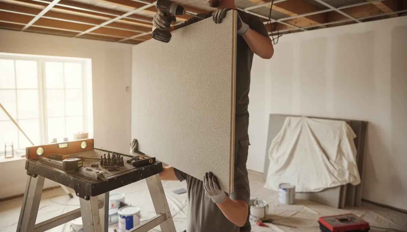 To personer monterer Troldtekt-akustikplader i et ombygningsrum, fokus på panelernes struktur og værktøj.