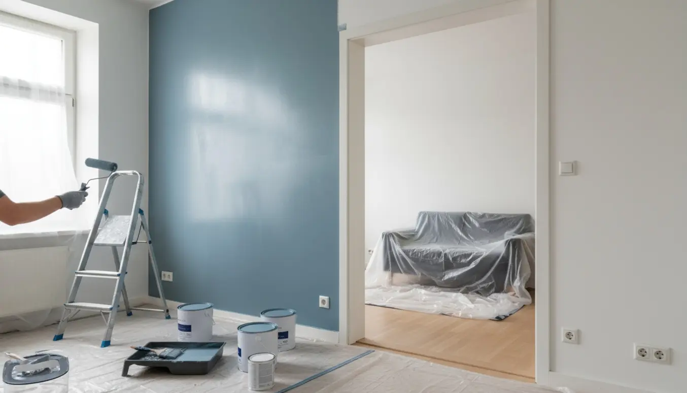 To tilstødende små stuer under malerarbejde med rulle, malerbøtter og afdækningsplast.