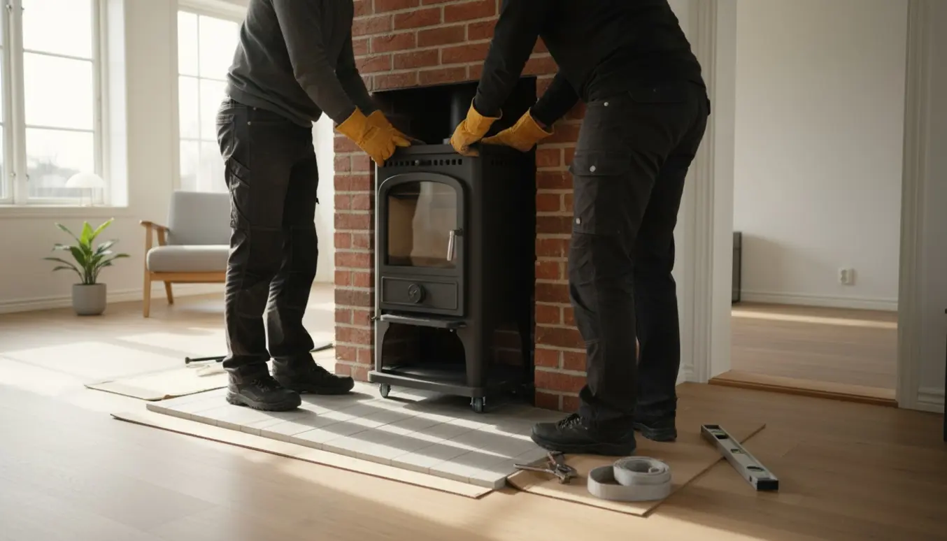 Ny støbejernsbrændeovn skubbes ind i en åben ildstedsåbning i en lys stue, med værktøj og beskyttelse på gulvet.