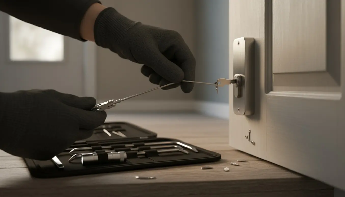 Nærbillede af en hoveddørlås med en knækket nøgle, hvor værktøj trækker nøglefragmentet ud.