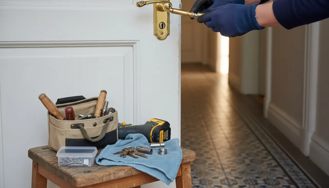 Nærbillede af låsesmed, der udskifter en låsecylinder i en lejlighedsdør med værktøj og gamle nøgler ved siden af.