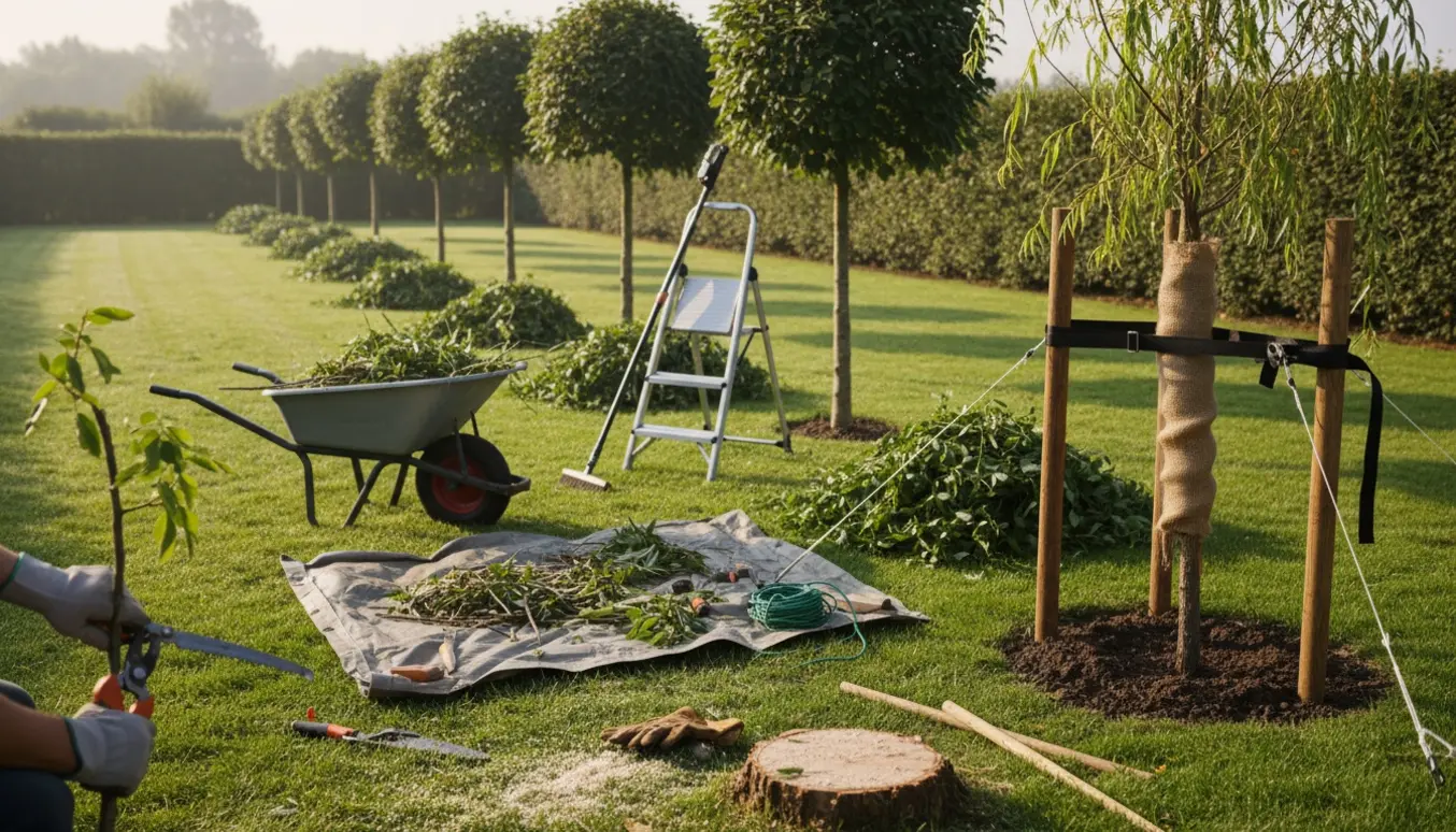 Havearbejde med beskæring af små træer og opretning af en hængepil ved hjælp af pæle og stropper.