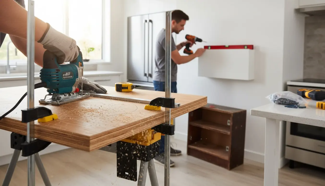 Håndværker skærer ud i køkkenbordplade til vask og monterer et nyt skoskab på væggen.