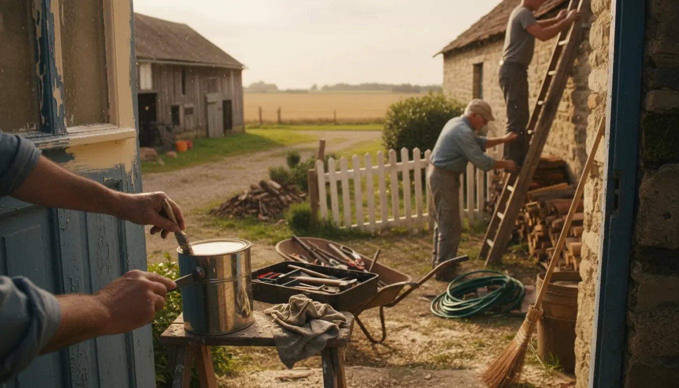 En ældre håndværker maler døren og reparerer stakittet ved en nedlagt landbrugsejendom i varmt eftermiddagslys.