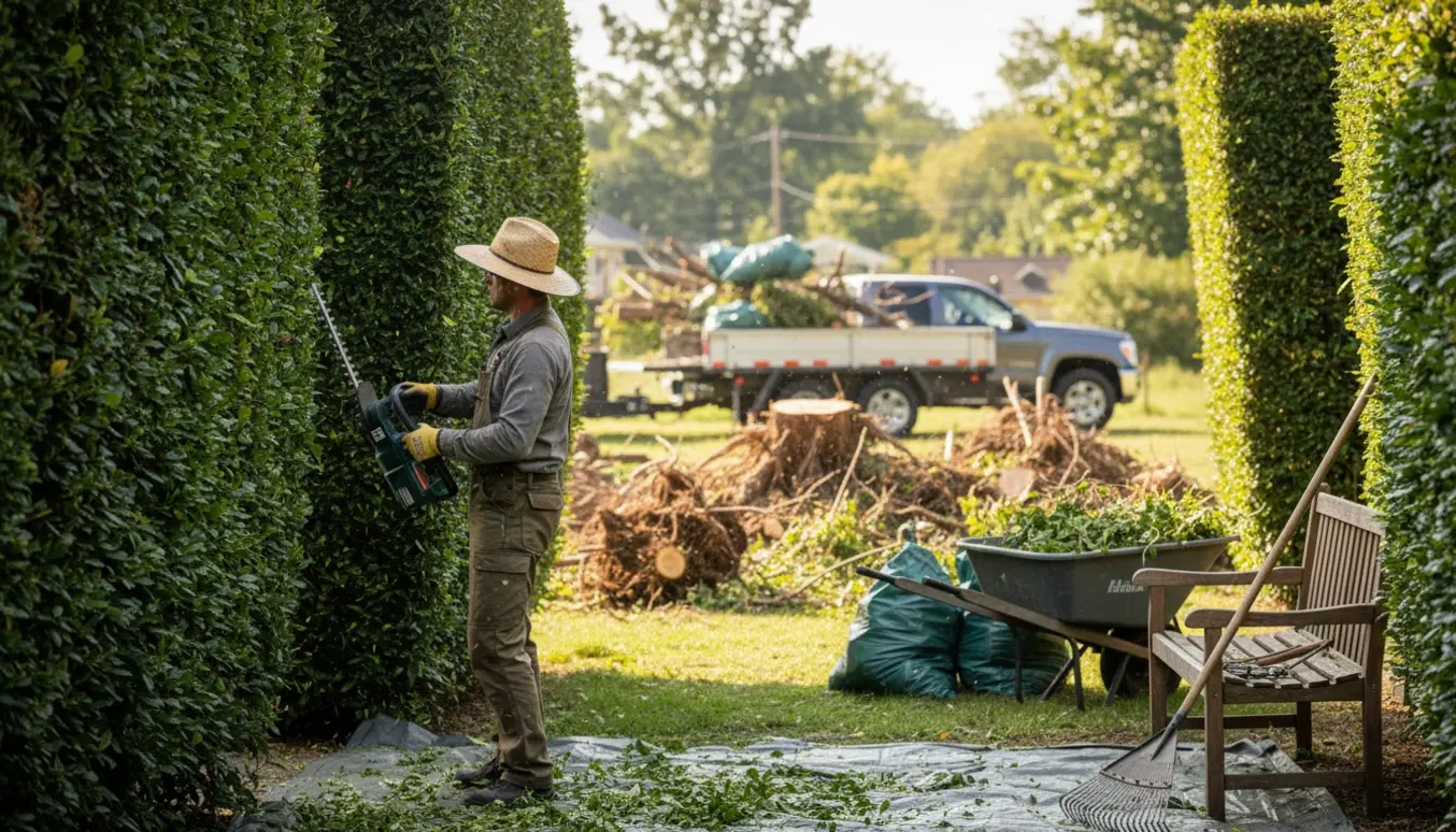 En person trimmer en hæk i haven, mens afklip samles i trillebør og affaldssække klar til afhentning.