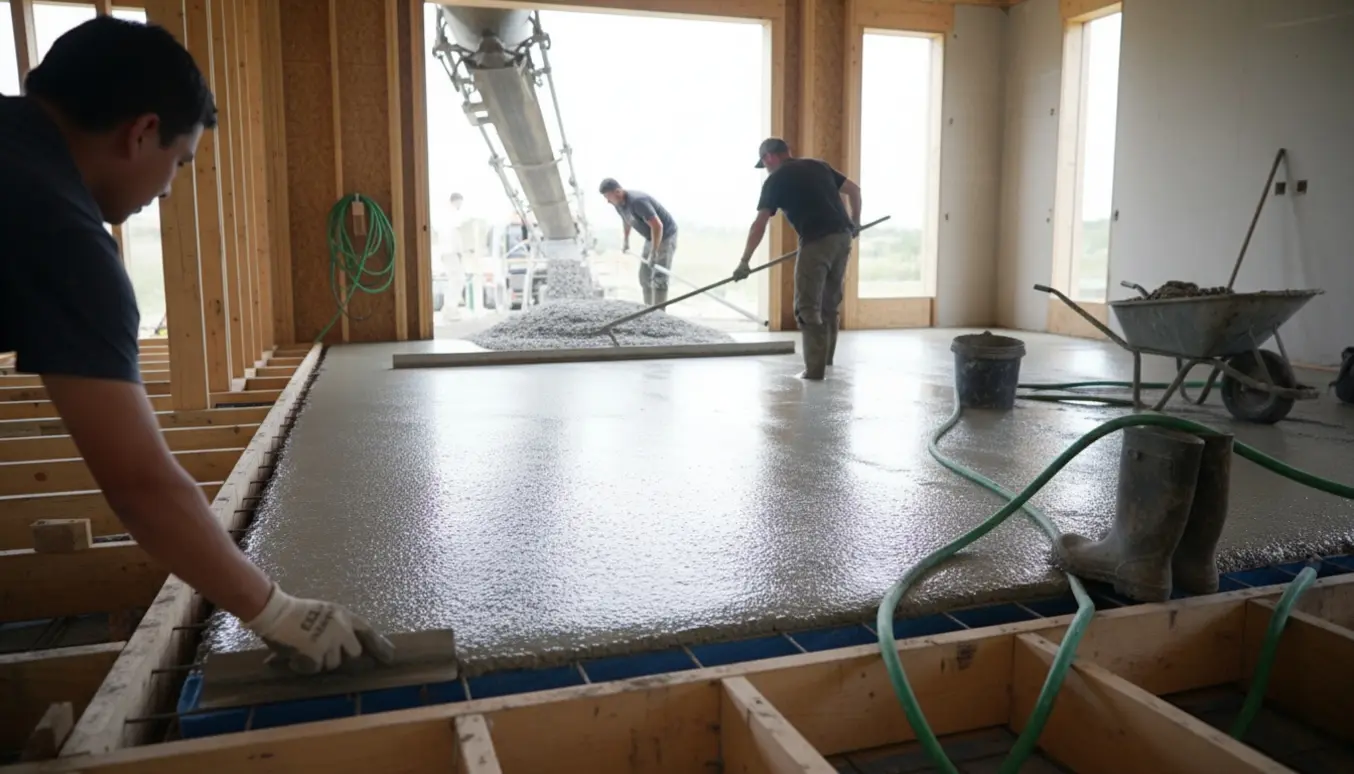 Arbejdere i gummistøvler glatter vådt beton på et delvist færdigt husgulv.