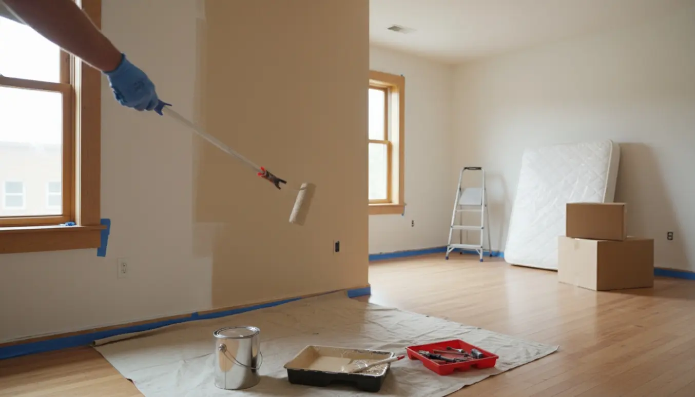 Maler ruller frisk maling på en væg i en tom lejlighed med flyttekasser og afdækningsplast.