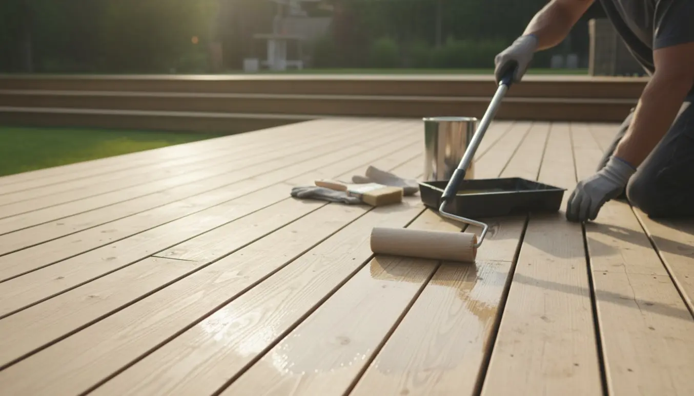 Hænder i handsker olierer en træterrasse med trin, hvor den lette olie giver planker en diskret glans.