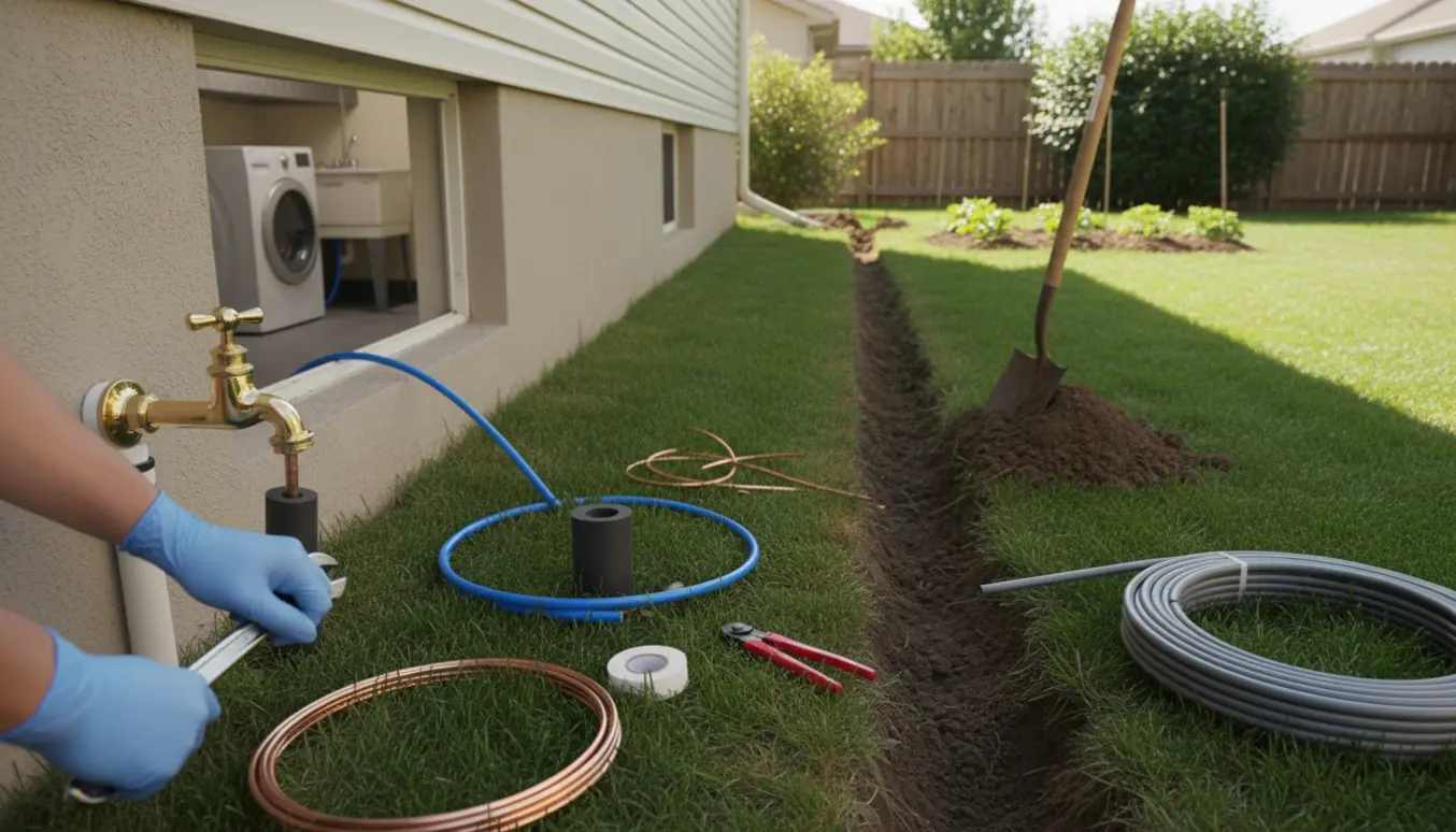 Udendørs vandhane under montering ved husmuren med synlige rør, værktøj og kældervask i baggrunden.