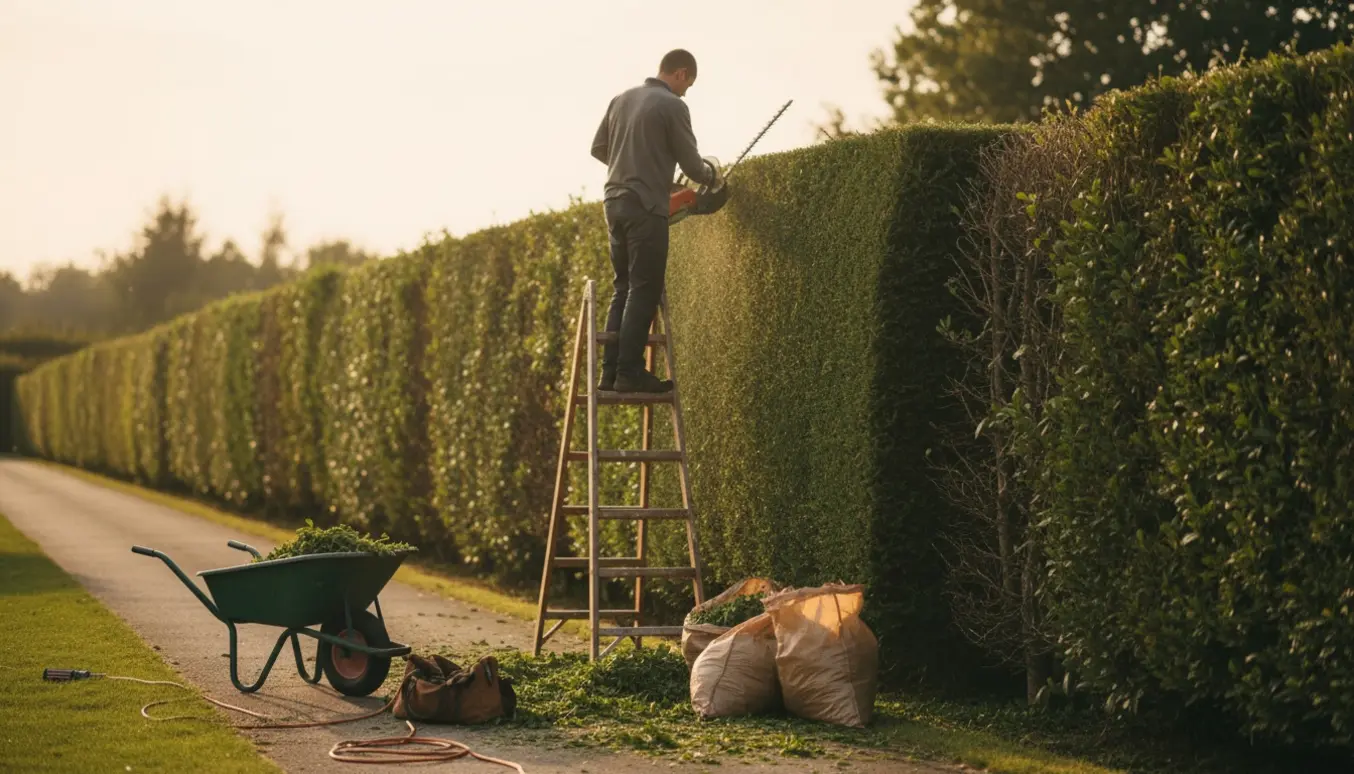 En stige mod en lang hæk hvor toppen og indersiden klippes med afklip samlet i skottel og grønne sække.
