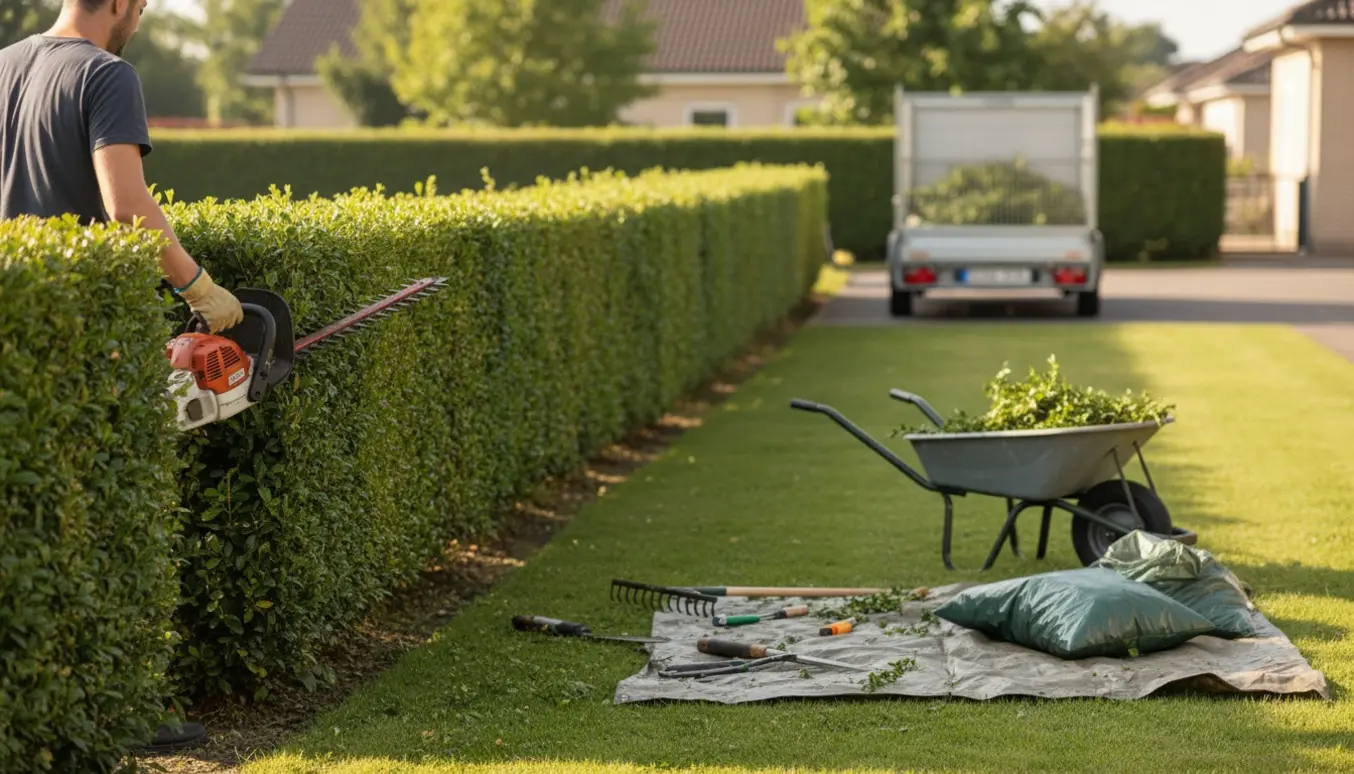 Person klipper en lang ligusterhæk med hækkeklipper, mens afklip samles i en trillebør og klareres til bortkørsel.
