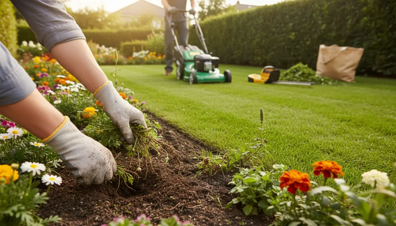 Velplejet have med græsslåning, hækklipning, lugning og en trillebør fyldt med haveaffald.
