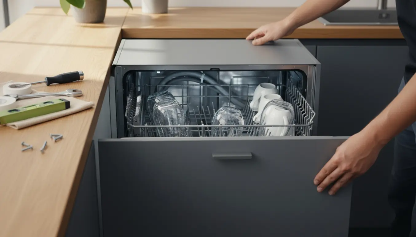 Installatør monterer frontpanel på integreret opvaskemaskine i kontorkøkken, hænder og værktøj synlige.