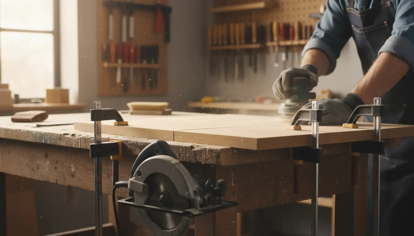 Hænder sliber og efterbehandler kanten på et egetræsplankebord på en værkstedsbænk.