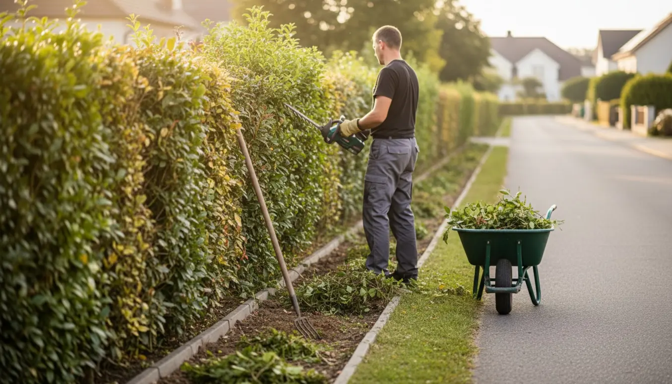 Person trimmer hækkens topskud og fjerner ukrudt i et smalt bed langs vejen.