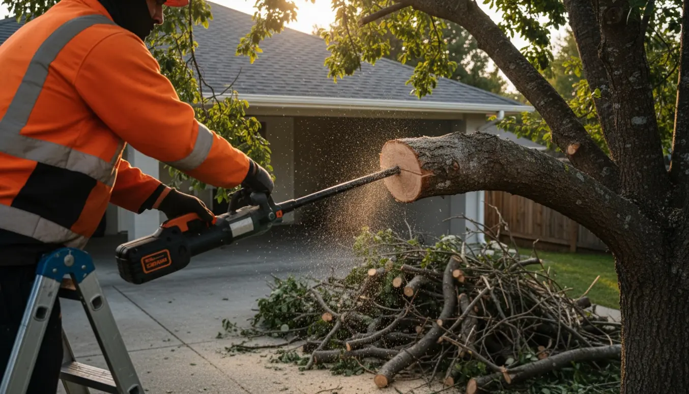 Delvis fældning ved carporten, en person saver en cirka 20 cm tyk gren væk med afklippede grene samlet ved huset.