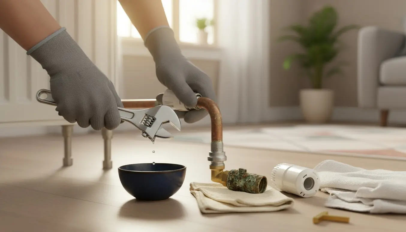 Hænder udskifter en hvid termostatventil på en radiator med skruenøgle og klud.